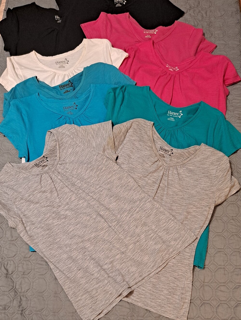 Hanes BUNDLE Short Sleeve Tees - Pink, Teal, Turquoise, White, Black, Gray Sz L